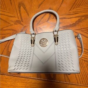 Elegant Gray Handbag with Gold Accents